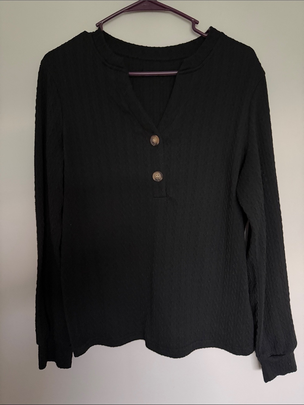 Women's Large Textured Black Long-Sleeve Button Henley Top